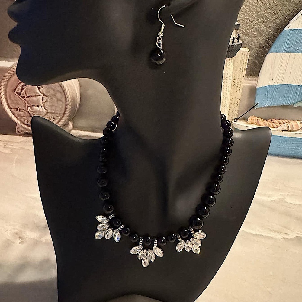 Black and Silver Necklace and Earring Set black beads & rhinestones hand crafted